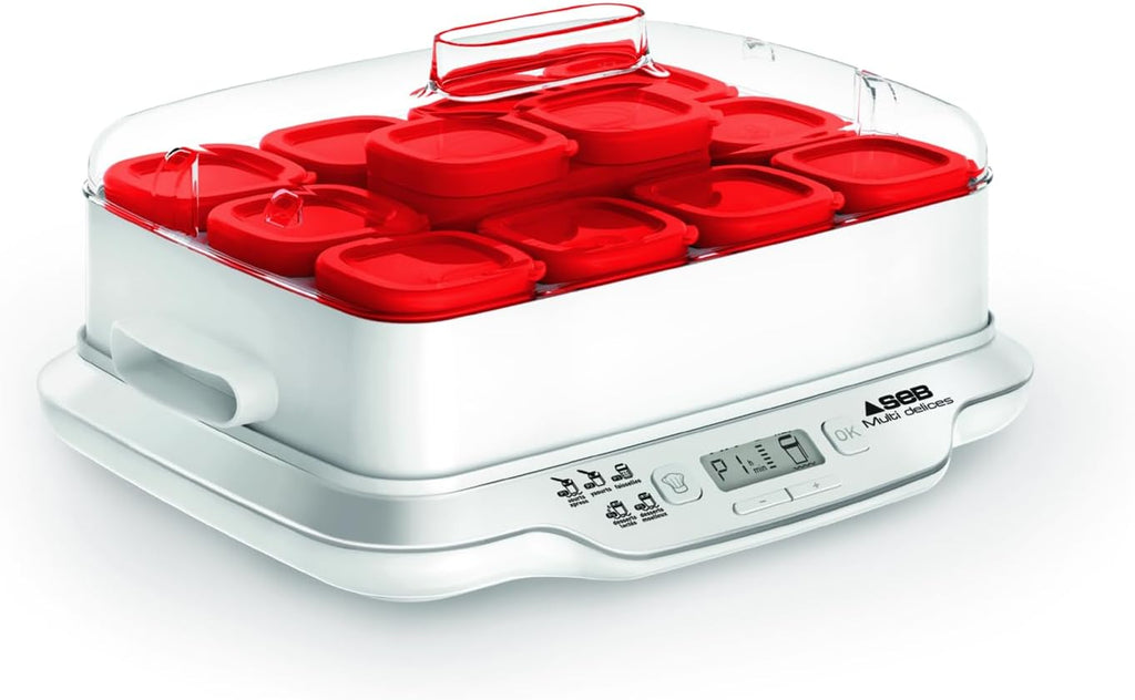 Yaourtière Multi Délices Express YG661500 12 pots verre 140 ml 5 programmes 600 W blanc rouge