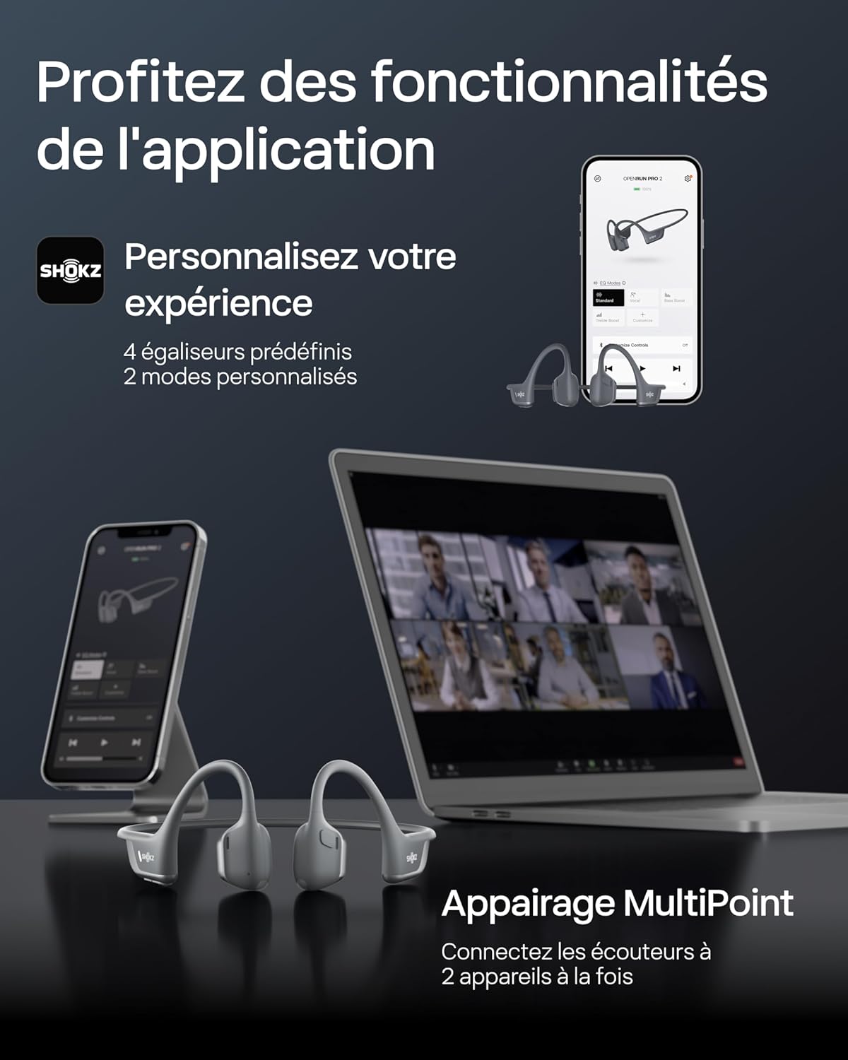 Casque conduction osseuse OpenRun Pro 2 Bluetooth 5.3 oreille ouverte IP55 autonomie 12 h charge rapide USB-C noir