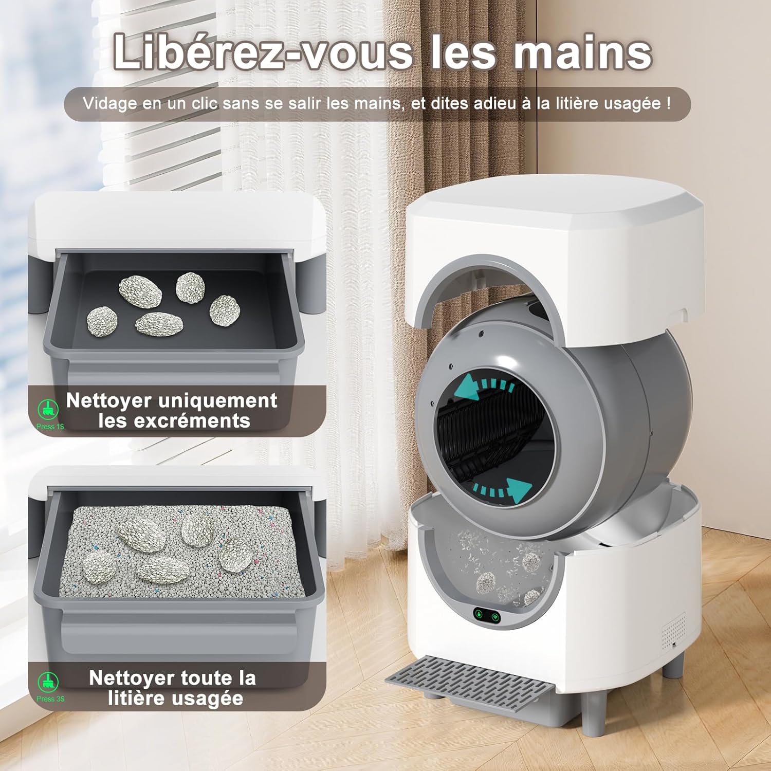 Litière autonettoyante XL Ellenpent 90 L contrôle app anti-fuites anti-pincement anti-odeurs vidage 1 touche blanc