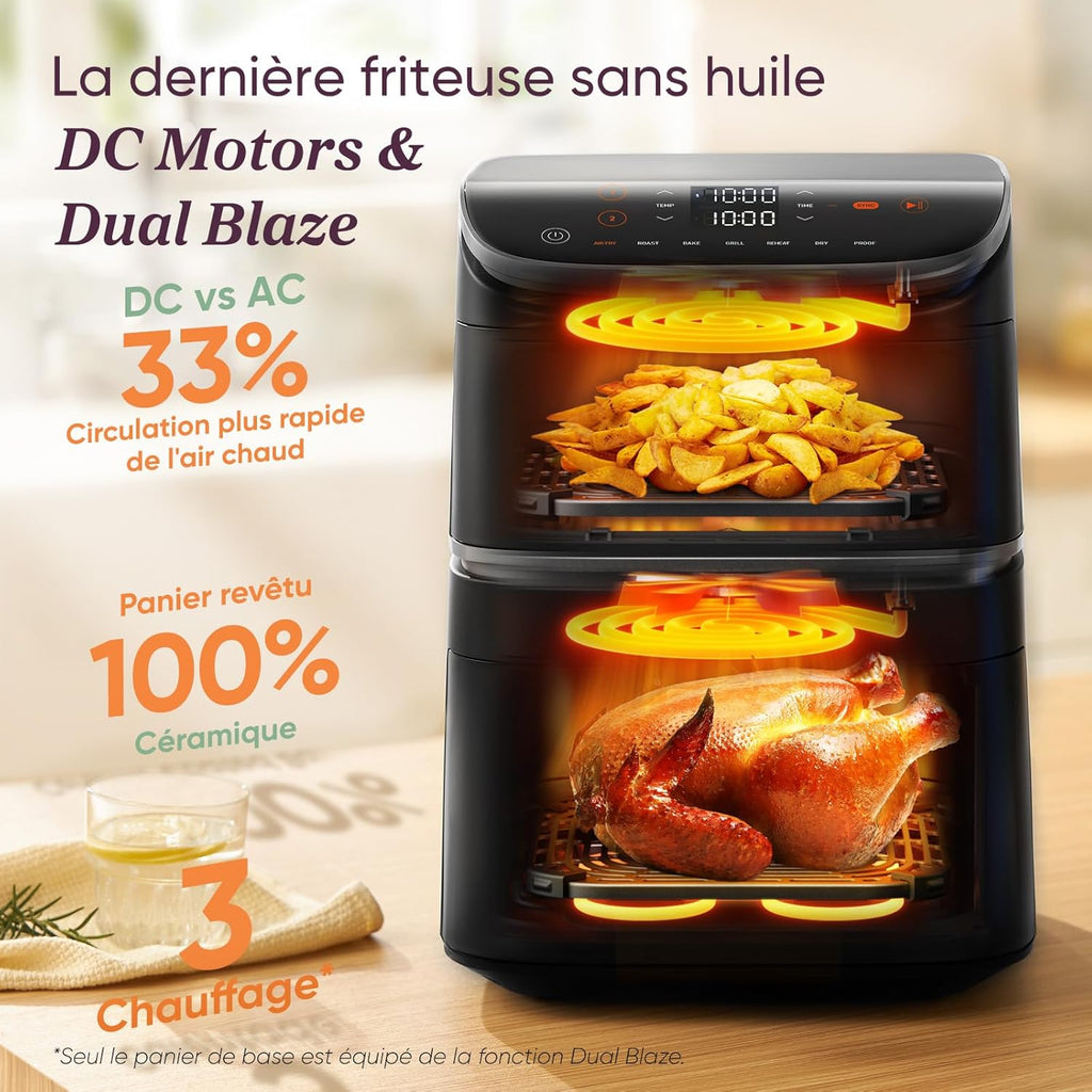 Friteuse sans huile Turbo Tower Pro 10,8 L Double Stack 2630 W 7 fonctions céramique température 30 à 230 °C noir