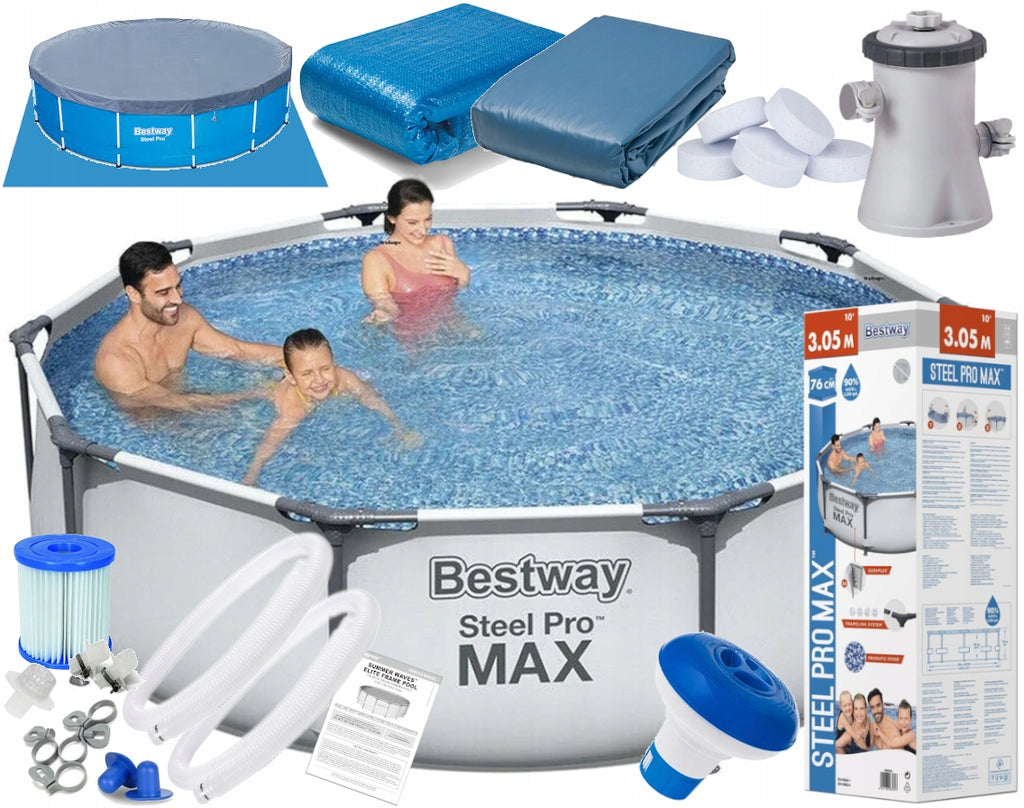 Stabilny Basen Stelażowy 305 x 76 cm z dozownikiem chemii ogrodowy kompletny zestaw Steel Pro Max