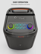 Machine karaoké portable 60 W haut-parleur Bluetooth 5.3 avec 2 microphones sans fil lumières disco USB TF AUX noir