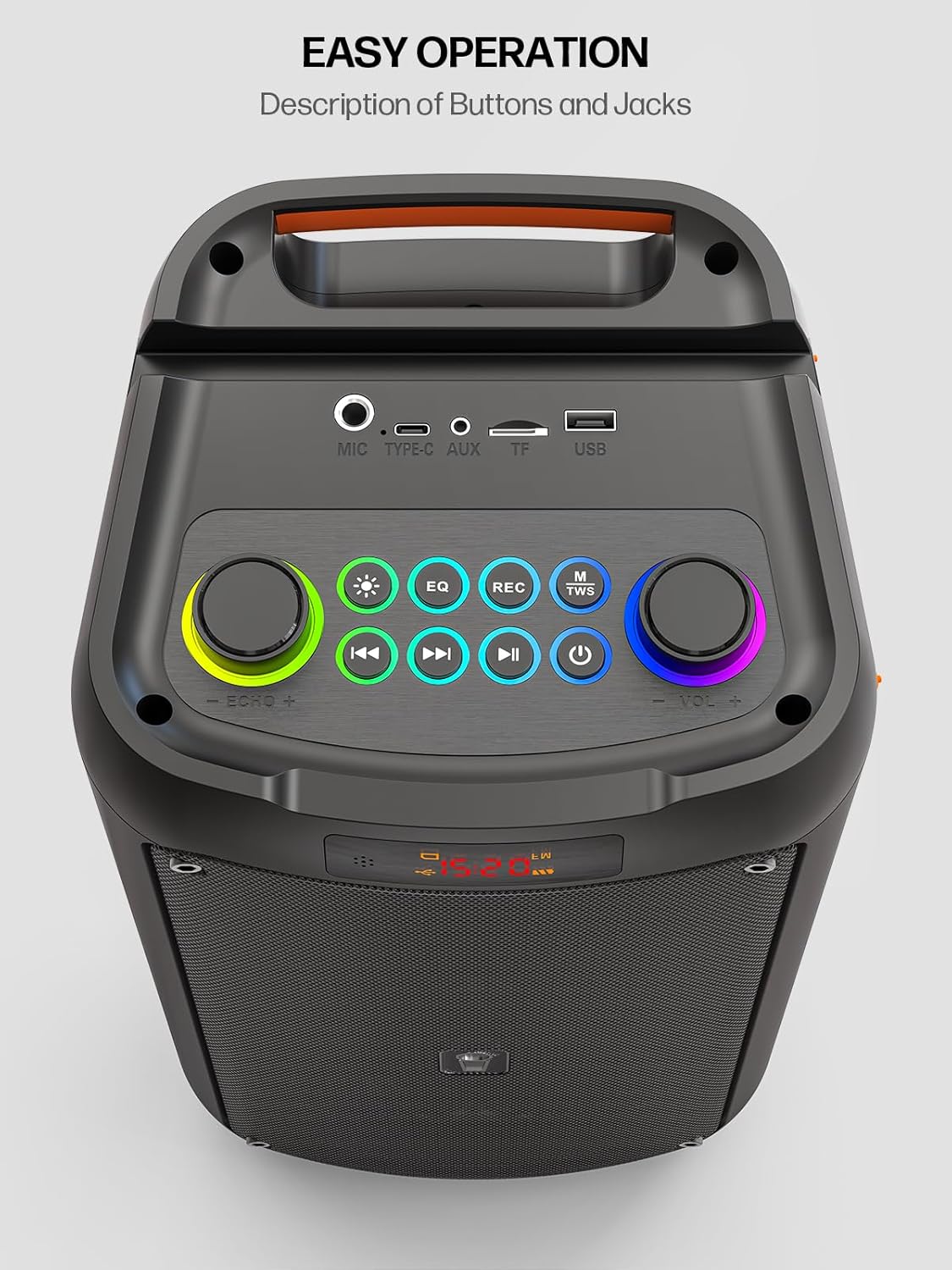 Machine karaoké portable 60 W haut-parleur Bluetooth 5.3 avec 2 microphones sans fil lumières disco USB TF AUX noir