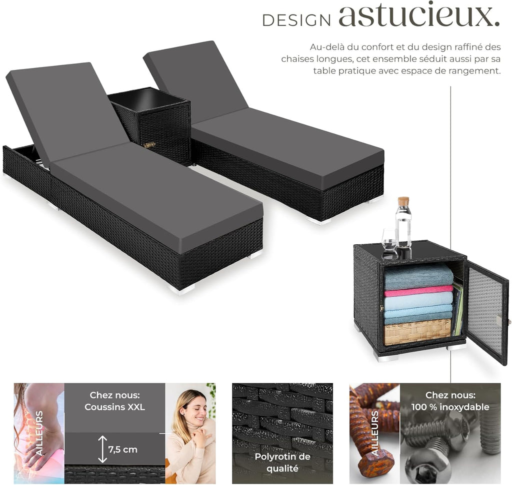 Lot de 2 chaises longues réglables en résine tressée avec table housses et protection noir marron