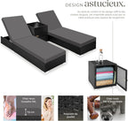 Lot de 2 chaises longues réglables en résine tressée avec table housses et protection noir marron