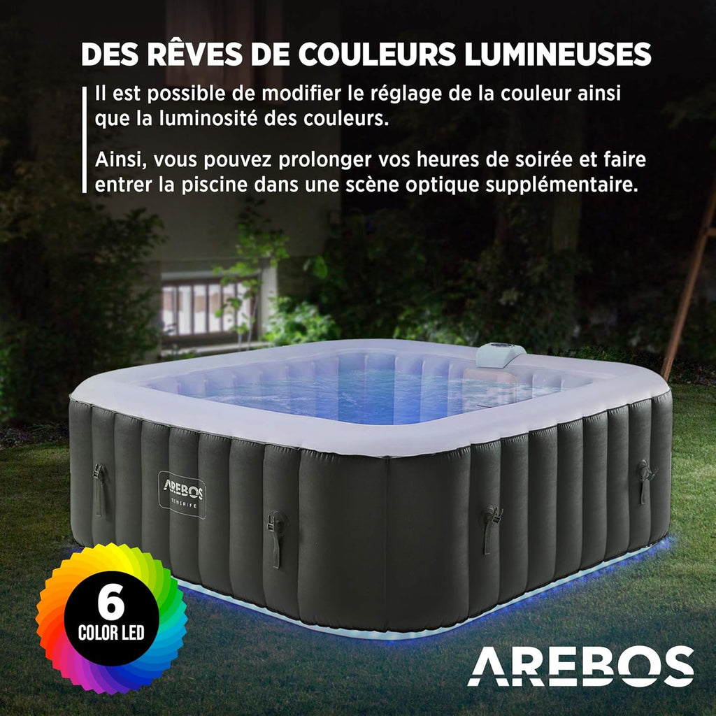 Spa gonflable Tenerife 6 personnes 185 x 185 cm 910 L 130 jets massage LED avec couvercle anthracite
