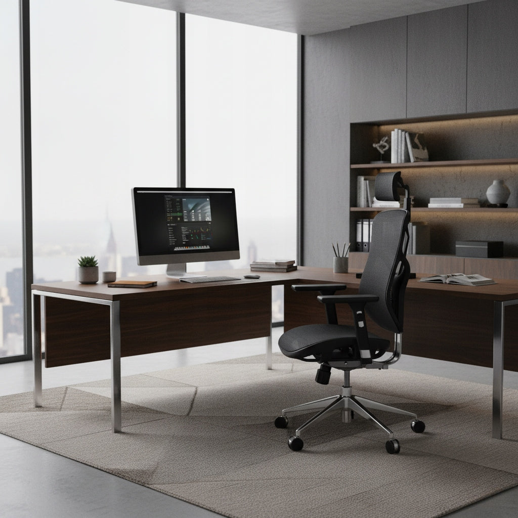 Fotel biurowy ergonomiczny obrotowy V-Basic 950 czarny z regulowanym zagłówkiem i podłokietnikami