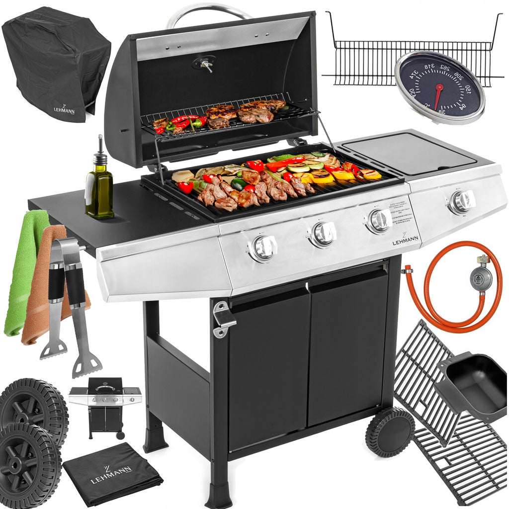 Grill gazowy ogrodowy Texas 3+1 z żeliwnym rusztem pokrowcem termometrem i palnikiem bocznym do grillowania