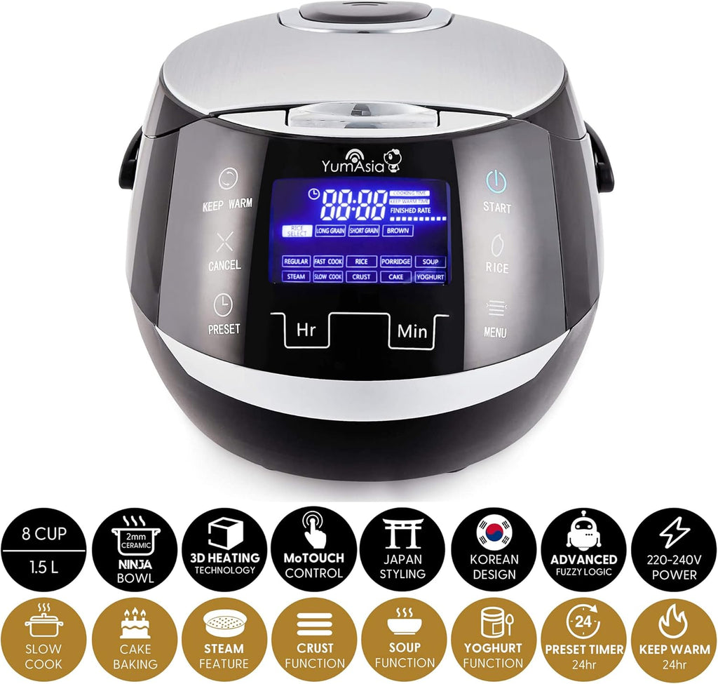 Cuiseur à riz Sakura YUM-EN15 8 tasses 1,5 L logique floue bol céramique 12 fonctions 860 W noir argent