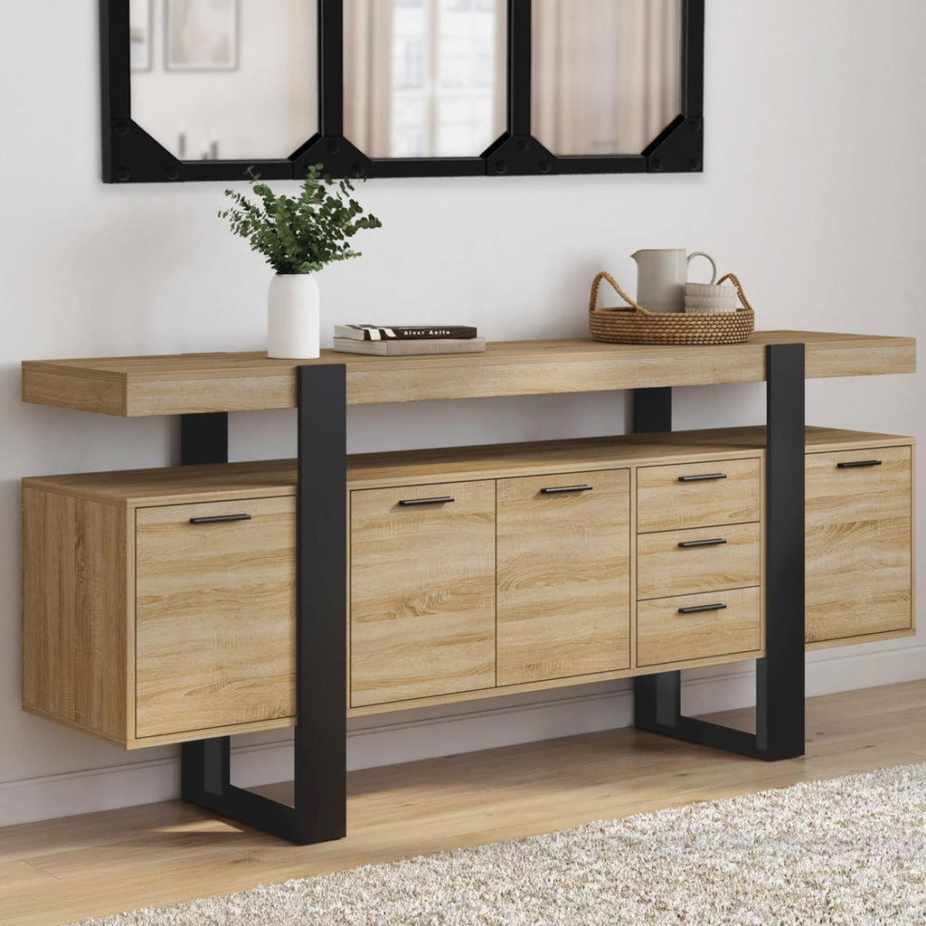 Buffet 180 cm Phoenix XXL en bois noir avec 4 portes 3 tiroirs et étagères de rangement