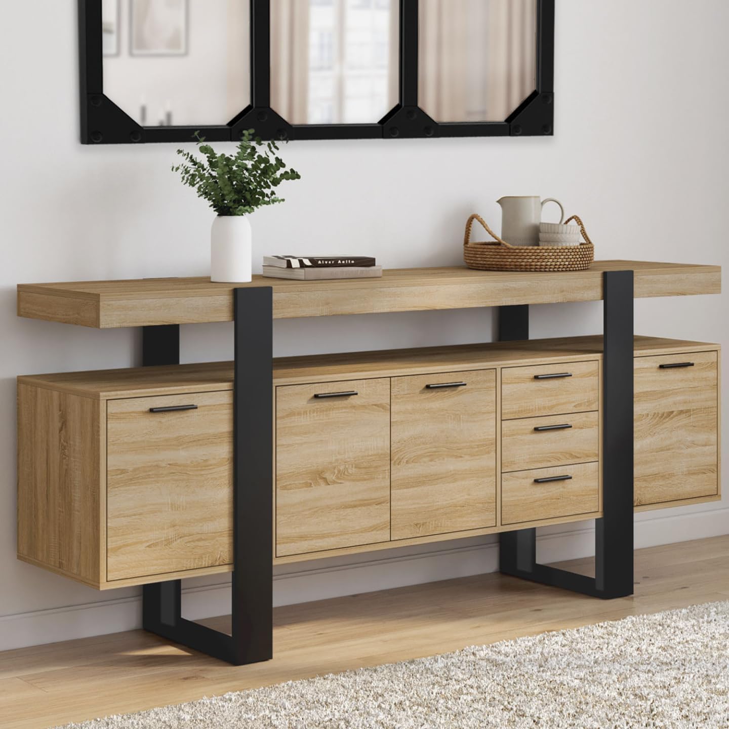 Buffet 180 cm Phoenix XXL en bois noir avec 4 portes 3 tiroirs et étagères de rangement