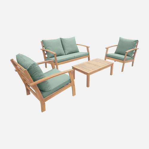 Alice's Garden Salon jardin bois 4 places canapé fauteuils table basse acacia coussins vert de gris