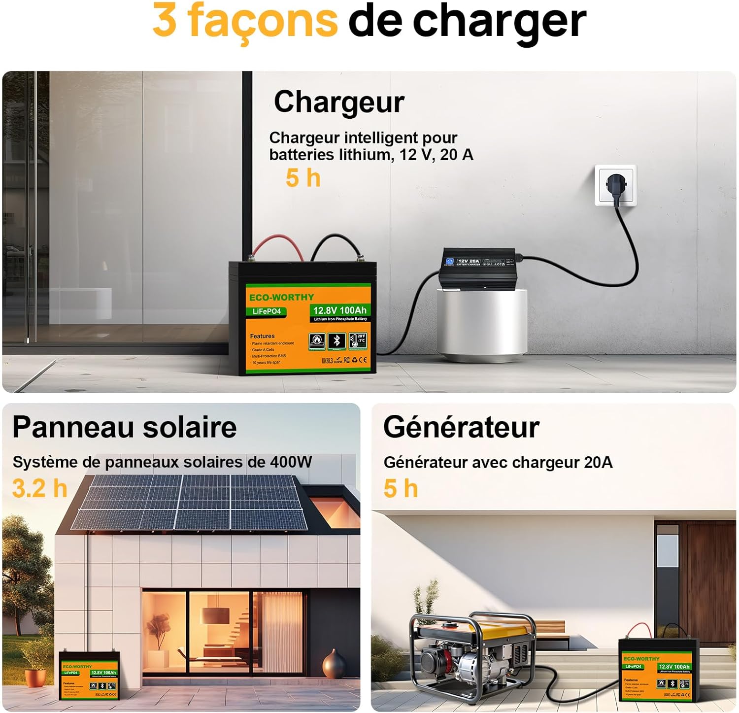 Batterie lithium 12V 100Ah LiFePO4 BMS basse température 4000 à 15000 cycles camping car bateau solaire