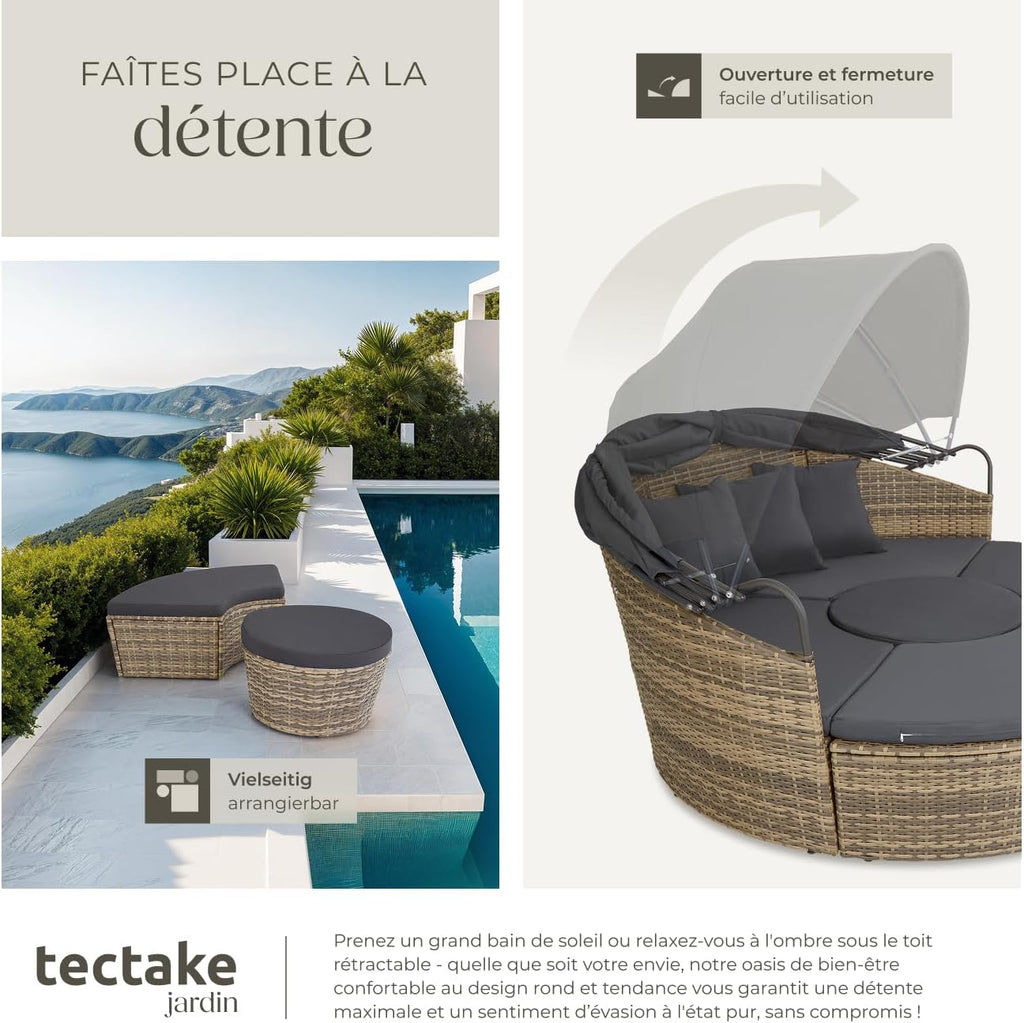 Salon de jardin modulable Santorin II en résine tressée avec bain de soleil pare-soleil pliable coussins inclus 175 x 171 x 136 cm 40 kg