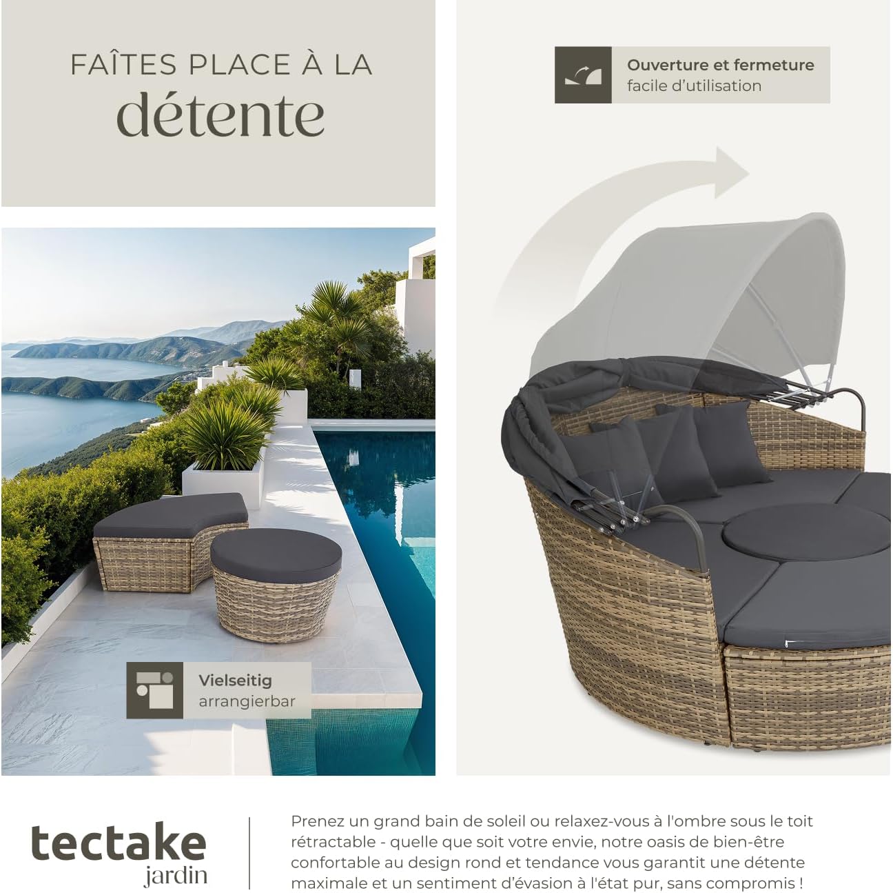 Salon de jardin modulable Santorin II en résine tressée avec bain de soleil pare-soleil pliable coussins inclus 175 x 171 x 136 cm 40 kg