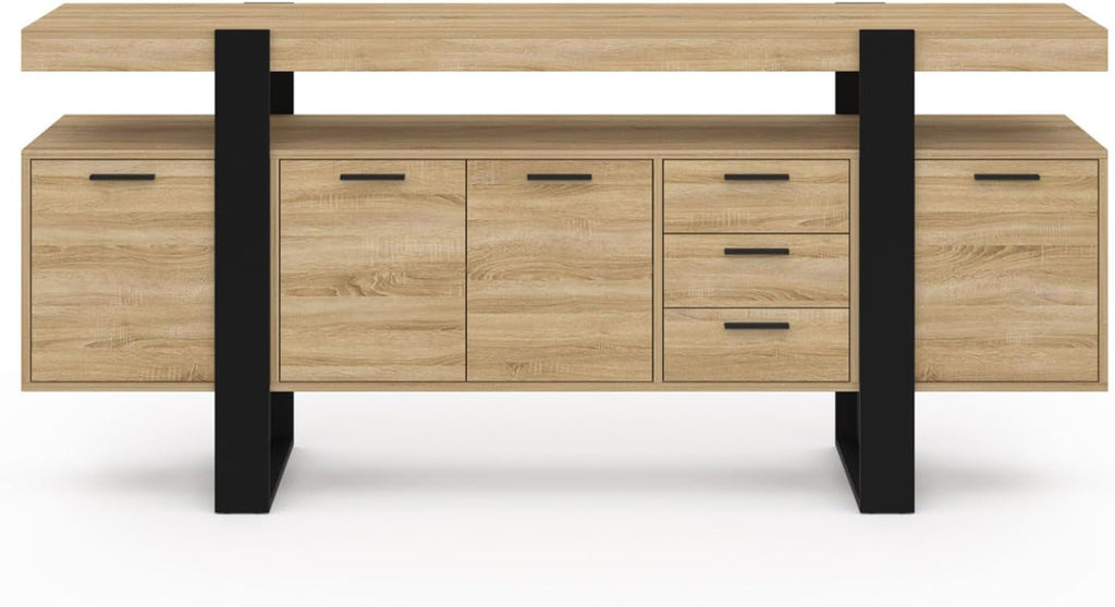 Buffet 180 cm Phoenix XXL en bois noir avec 4 portes 3 tiroirs et étagères de rangement
