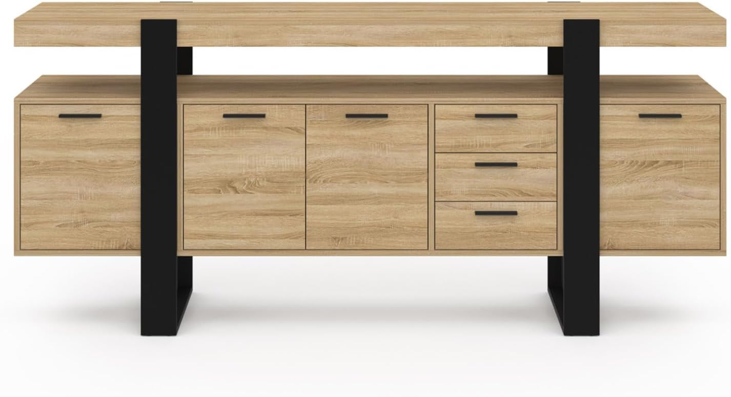 Buffet 180 cm Phoenix XXL en bois noir avec 4 portes 3 tiroirs et étagères de rangement