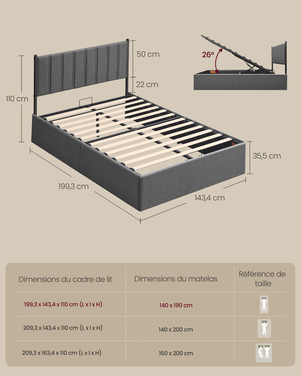Lit coffre 140x190 cm sommier relevable hydraulique avec rangement tête de lit tissu gris cadre métal bois charge 454 kg
