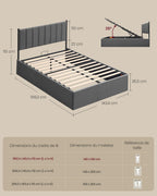 Lit coffre 140x190 cm sommier relevable hydraulique avec rangement tête de lit tissu gris cadre métal bois charge 454 kg