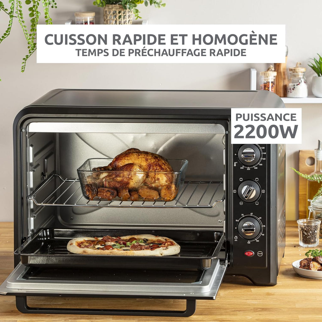 Four électrique Optimo 60 L chaleur tournante 2200 W 7 modes thermostat 240 °C timer 120 min tournebroche noir