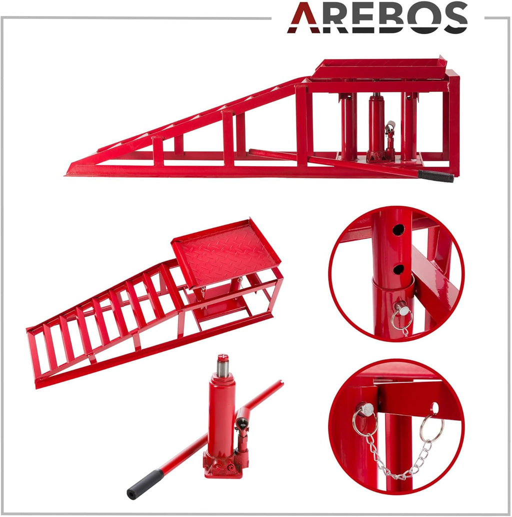 Lot 2 rampes accès avec cric hydraulique 2T pont élévateur auto XXL largeur 257 mm hauteur réglable rouge