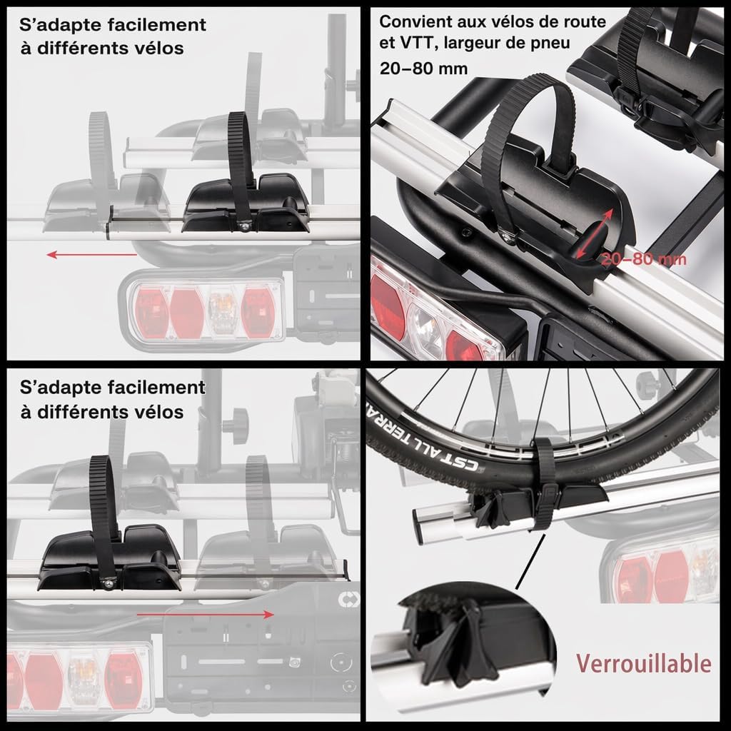 Porte-vélos attelage voiture 2 vélos charge 60 kg pliable avec feu arrière support plaque d'immatriculation noir