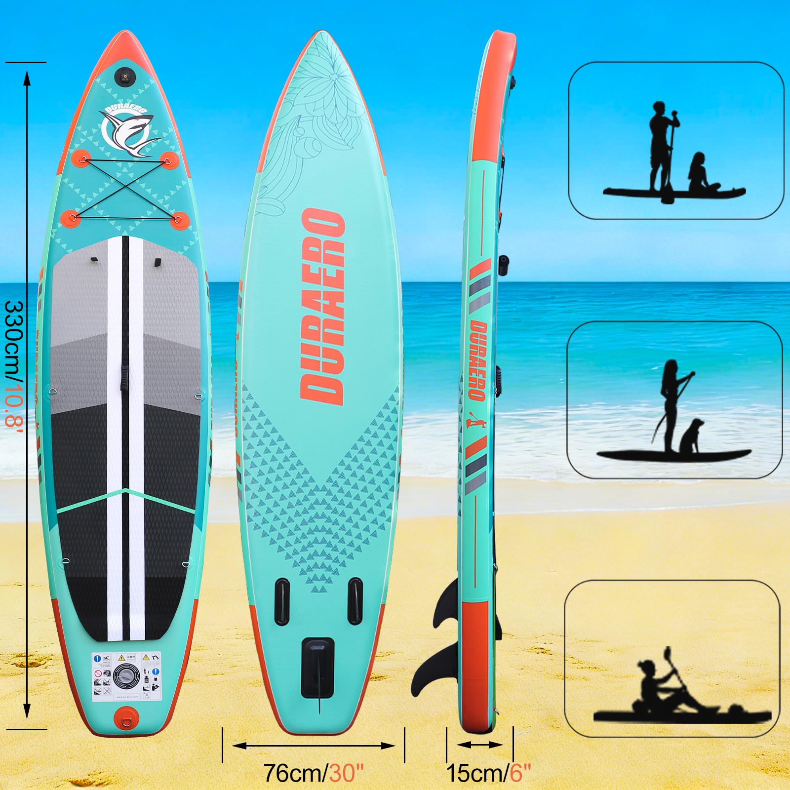 Planche de paddle gonflable 330 x 76 x 15 cm convertible kayak siège pagaie double réglable support GoPro 3 ailerons accessoires charge 150 kg