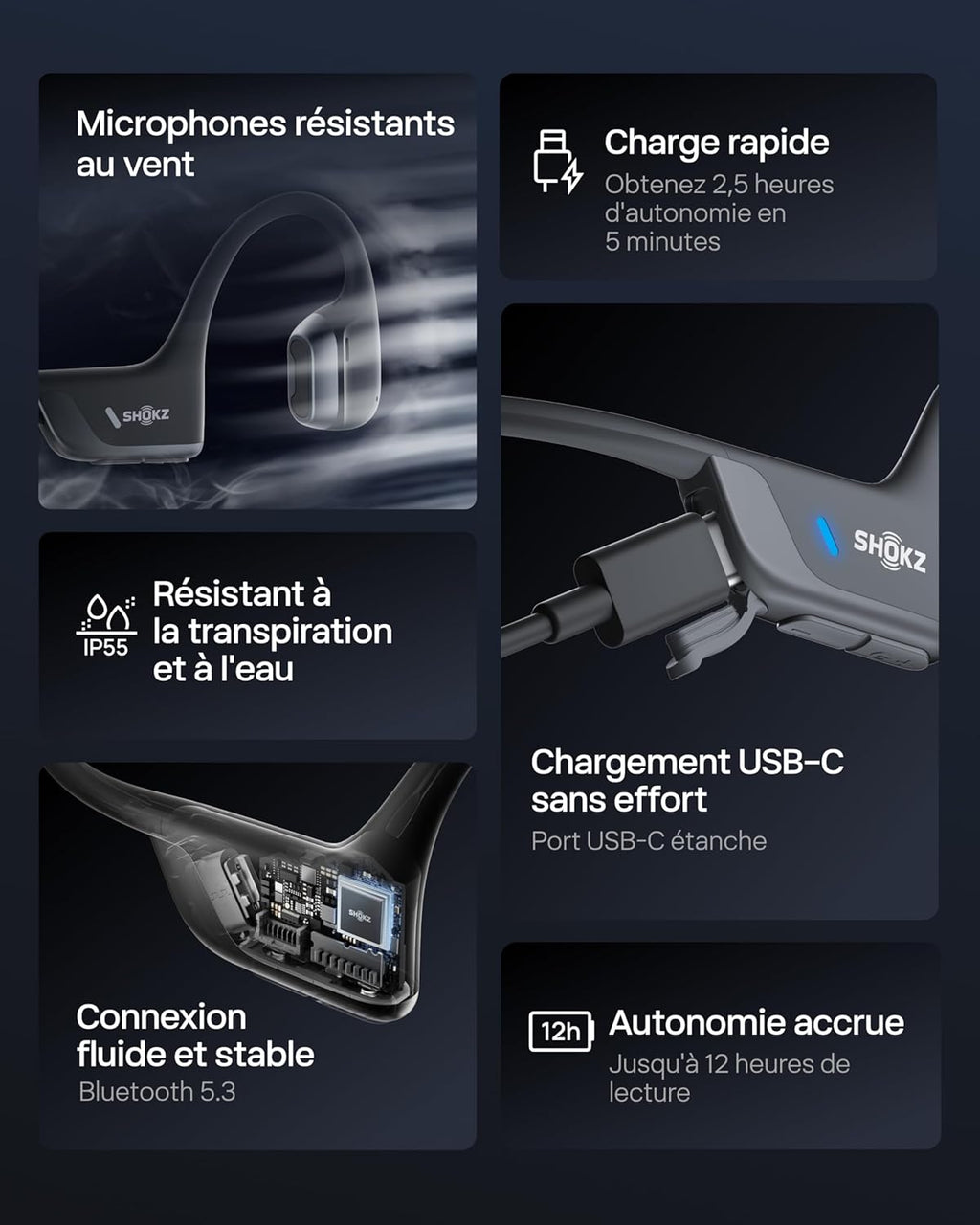 Casque conduction osseuse OpenRun Pro 2 Bluetooth 5.3 oreille ouverte IP55 autonomie 12 h charge rapide USB-C noir