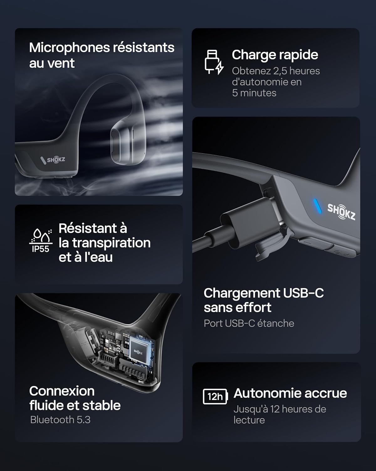Casque conduction osseuse OpenRun Pro 2 Bluetooth 5.3 oreille ouverte IP55 autonomie 12 h charge rapide USB-C noir
