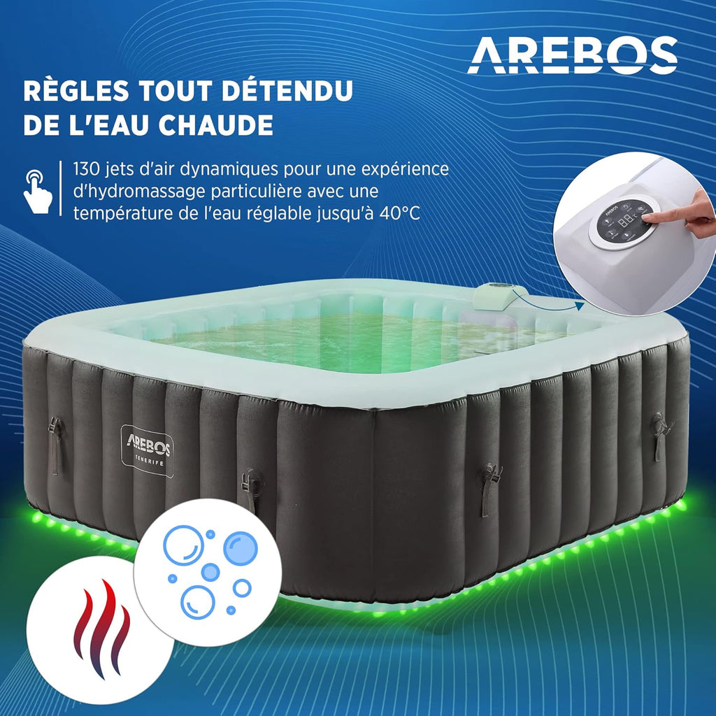 Spa gonflable Tenerife 6 personnes 185 x 185 cm 910 L 130 jets massage LED avec couvercle anthracite