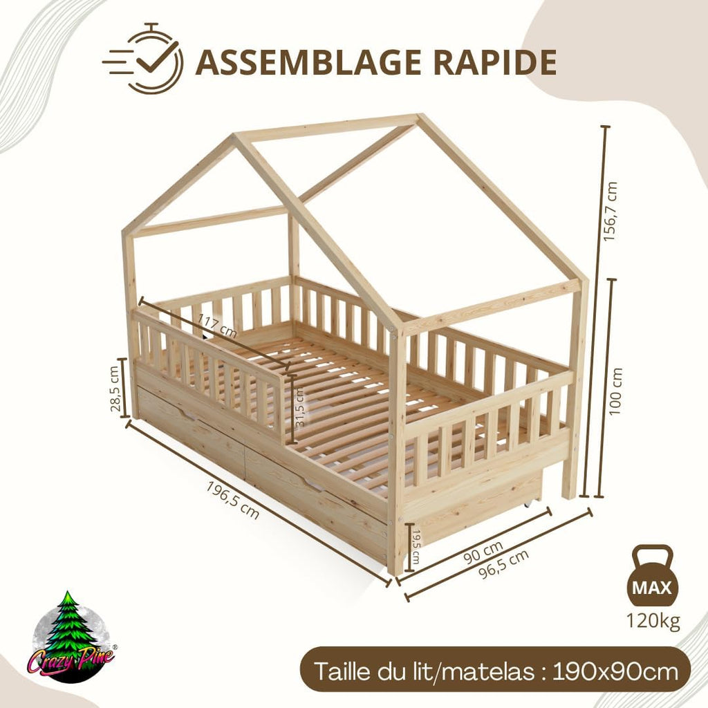 Lit cabane enfant Montessori 190 x 90 cm en bois naturel avec barrière de sécurité et tiroirs de rangement