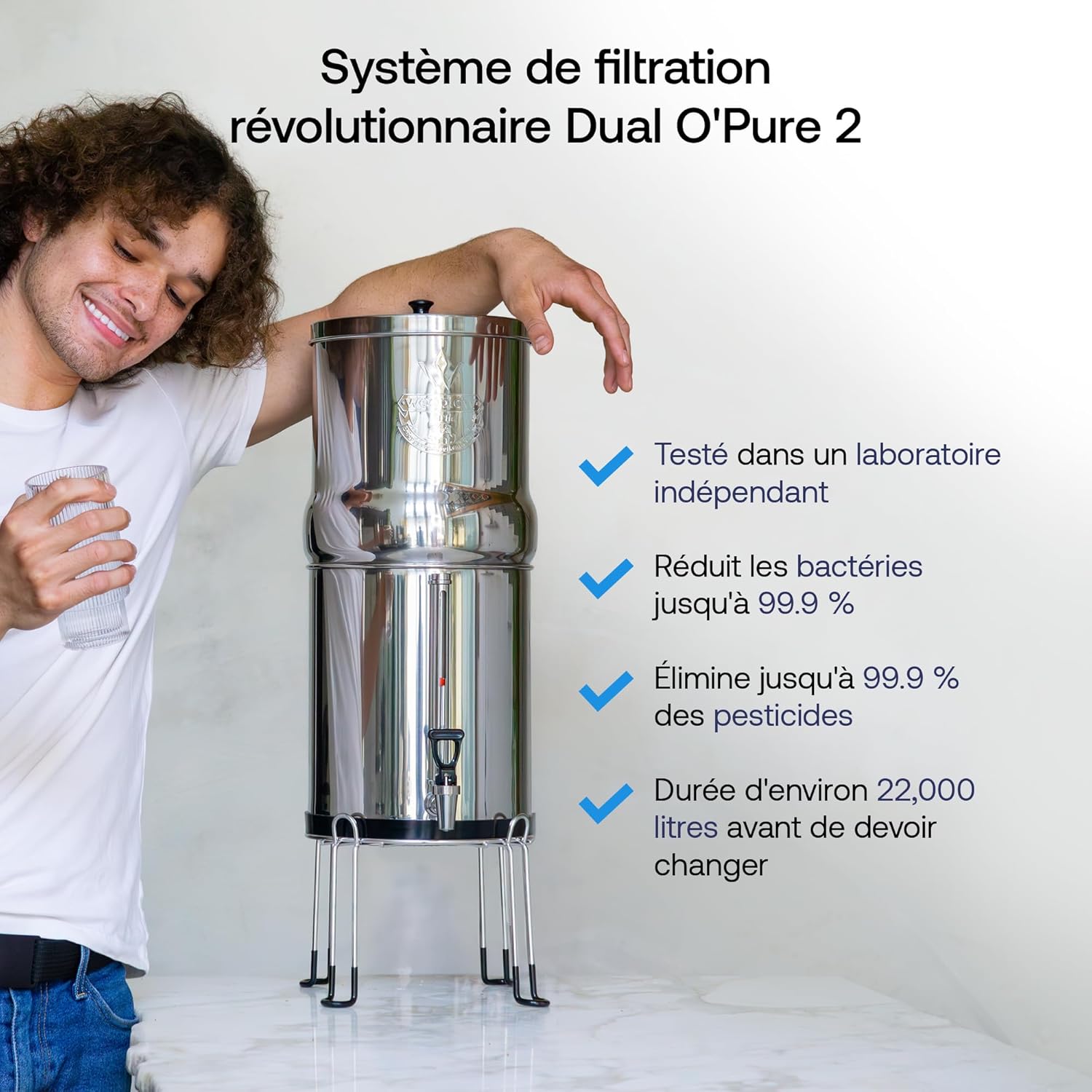 Système de filtration d’eau par gravité Earth WEEP850 8,5 L inox AISI 304 2 filtres O’Pure 2 robinet niveau d’eau