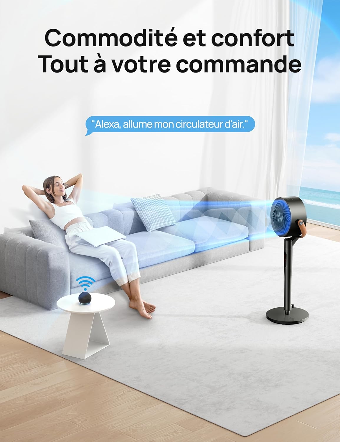 Ventilateur sur pied intelligent PolyFan 513S 25 dB 8 vitesses 6 modes oscillation 120 et 105 degrés WiFi télécommande noir