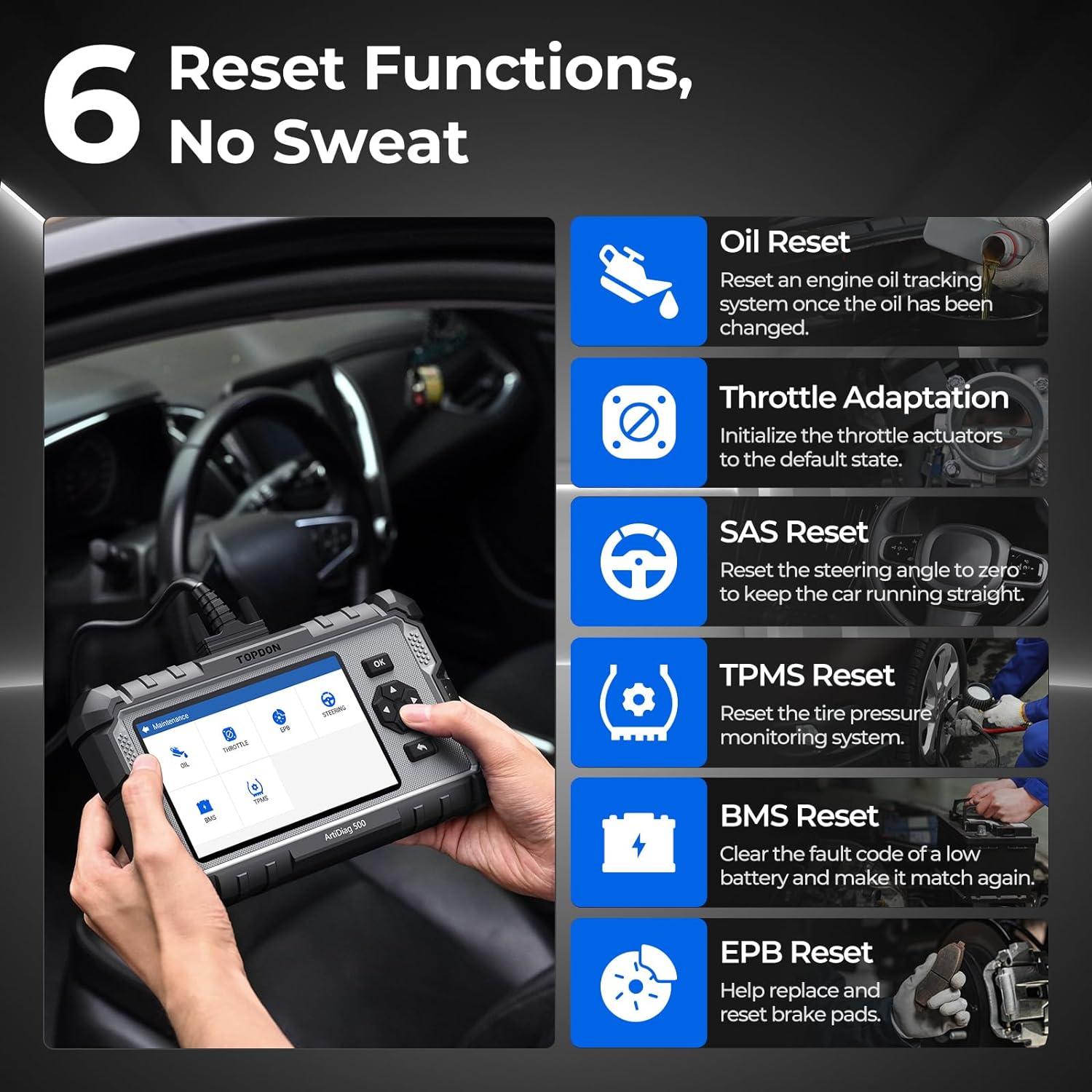 Valise diagnostic auto AD500 4 systèmes OBD2 moteur transmission ABS SRS 6 réinitialisations écran 5 pouces