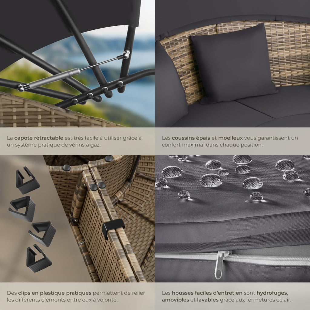 Salon de jardin modulable Santorin II en résine tressée avec bain de soleil pare-soleil pliable coussins inclus 175 x 171 x 136 cm 40 kg