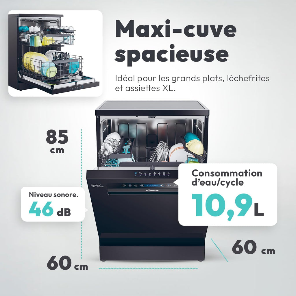Lave vaisselle pose libre 15 couverts classe C maxi cuve wash dry 35 min ouverture auto contrôle distance noir