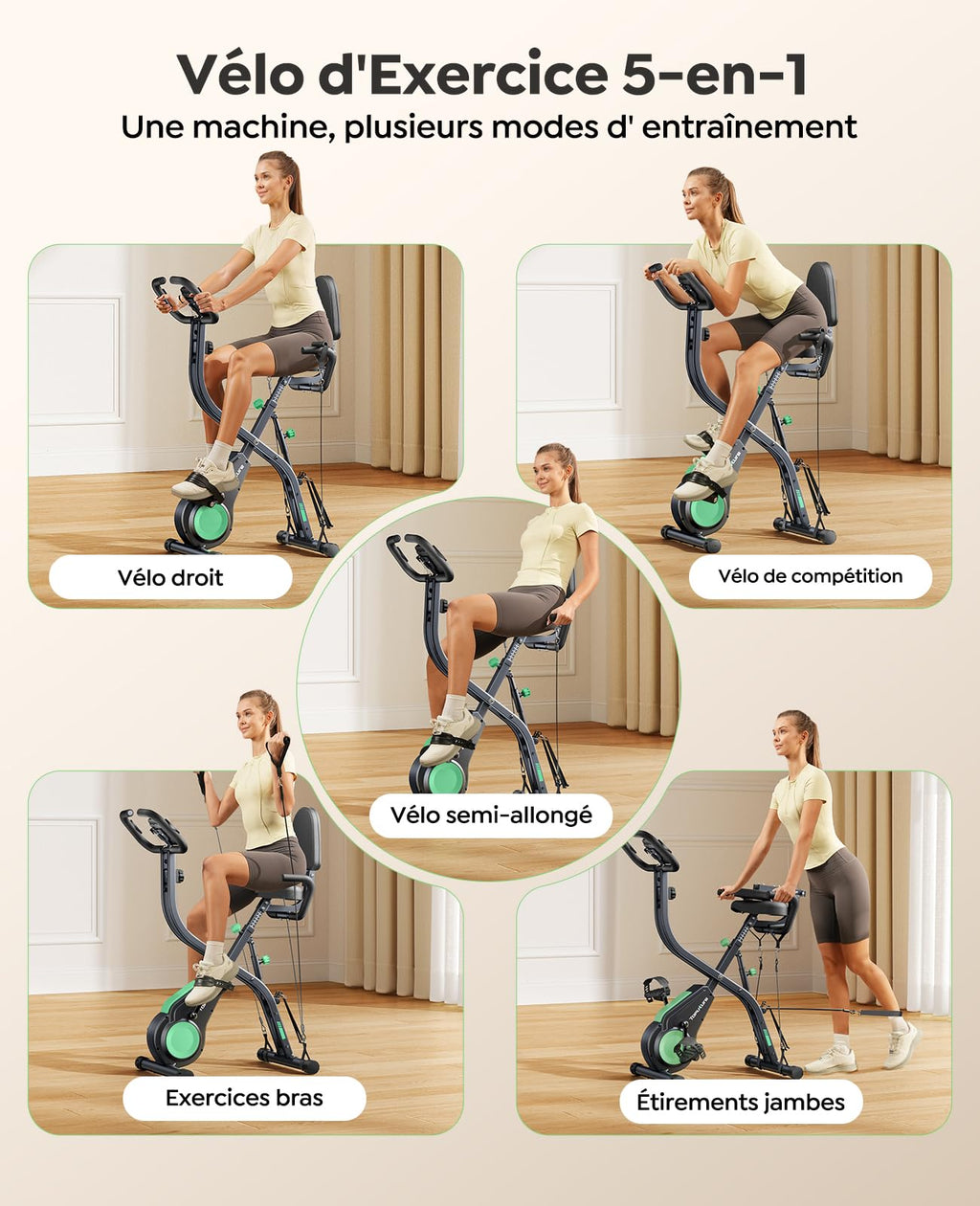 Vélo d'appartement pliable 5 en 1 TEB4 résistance magnétique 16 niveaux écran LCD connexion APP silencieux avec siège réglable capacité 140 kg