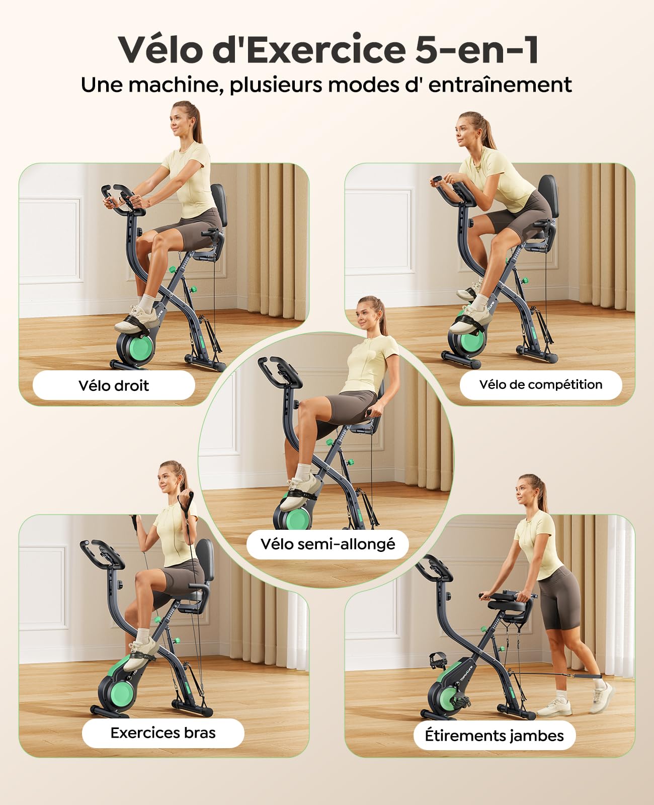 Vélo d'appartement pliable 5 en 1 TEB4 résistance magnétique 16 niveaux écran LCD connexion APP silencieux avec siège réglable capacité 140 kg