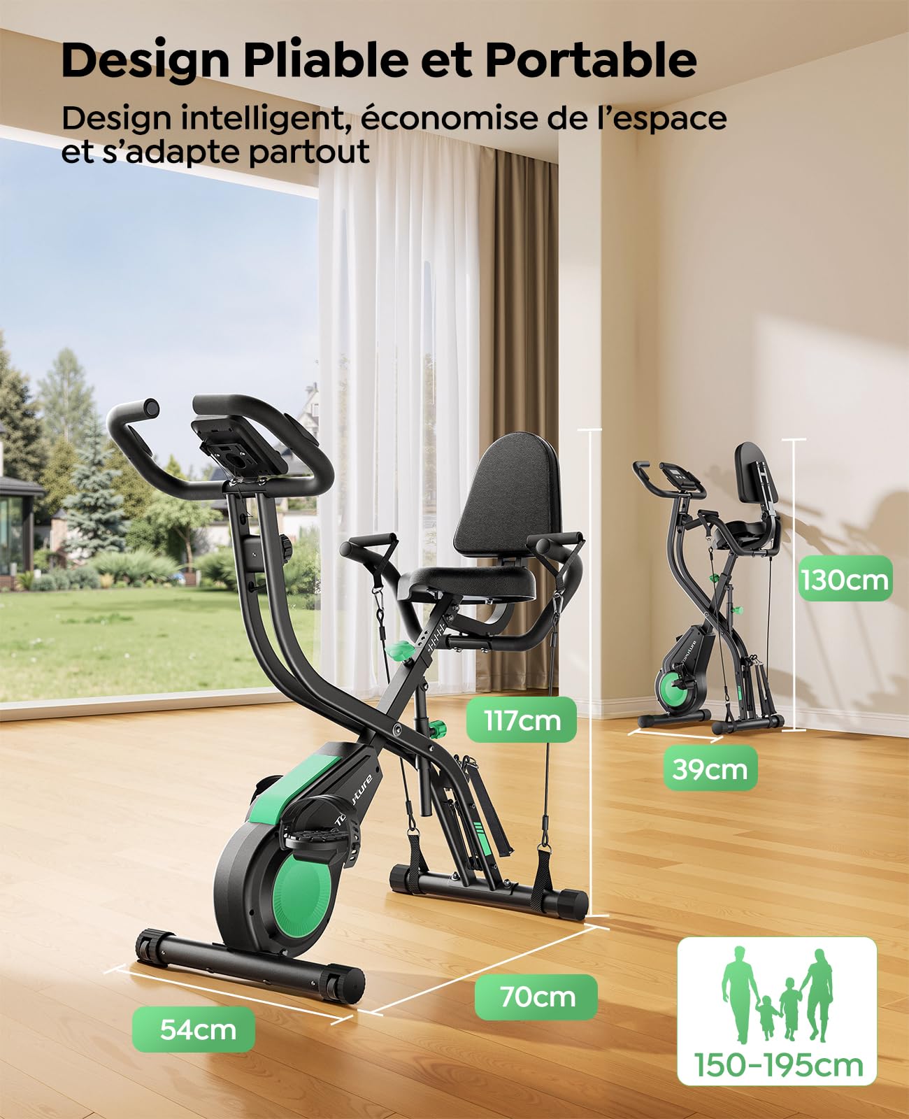 Vélo d'appartement pliable 5 en 1 TEB4 résistance magnétique 16 niveaux écran LCD connexion APP silencieux avec siège réglable capacité 140 kg