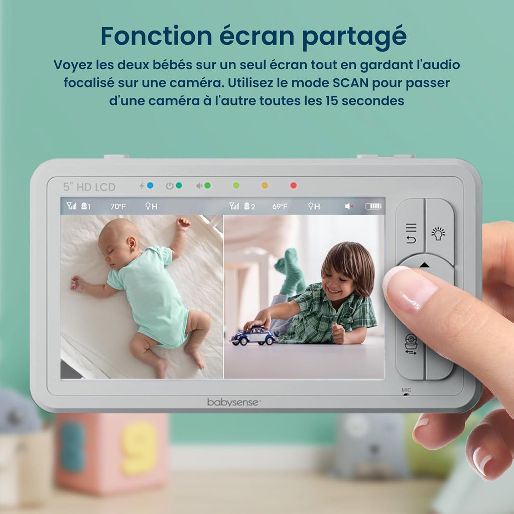 Babyphone vidéo HD HDS2 écran 5 pouces 2 caméras 720p sans WiFi audio bidirectionnel vision nocturne zoom x4