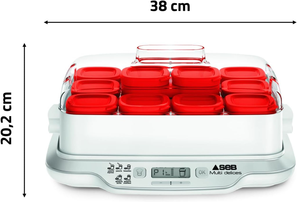Yaourtière Multi Délices Express YG661500 12 pots verre 140 ml 5 programmes 600 W blanc rouge