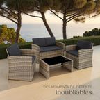 Salon de jardin résine 4 places canapé 2 fauteuils table plateau verre coussins inclus 122 x 70 x 76 cm marron gris