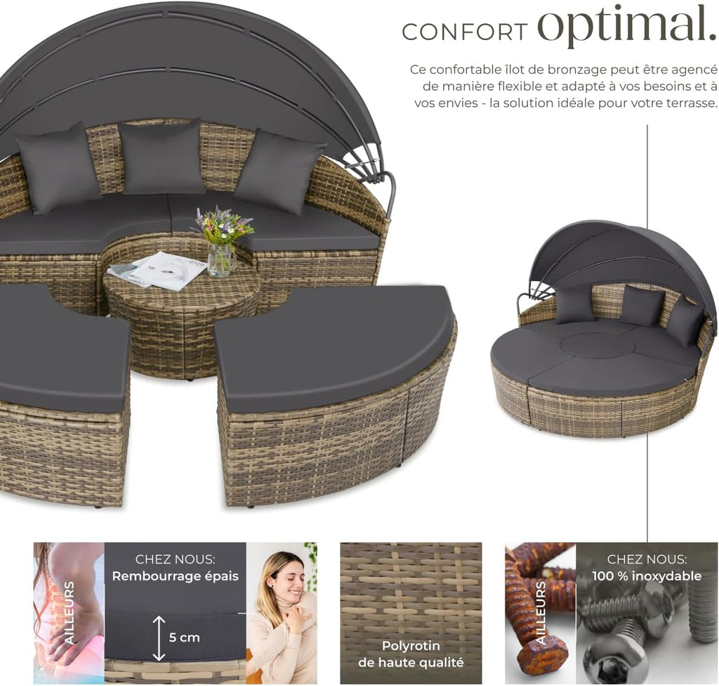 Salon de jardin modulable Santorin II en résine tressée avec bain de soleil pare-soleil pliable coussins inclus 175 x 171 x 136 cm 40 kg