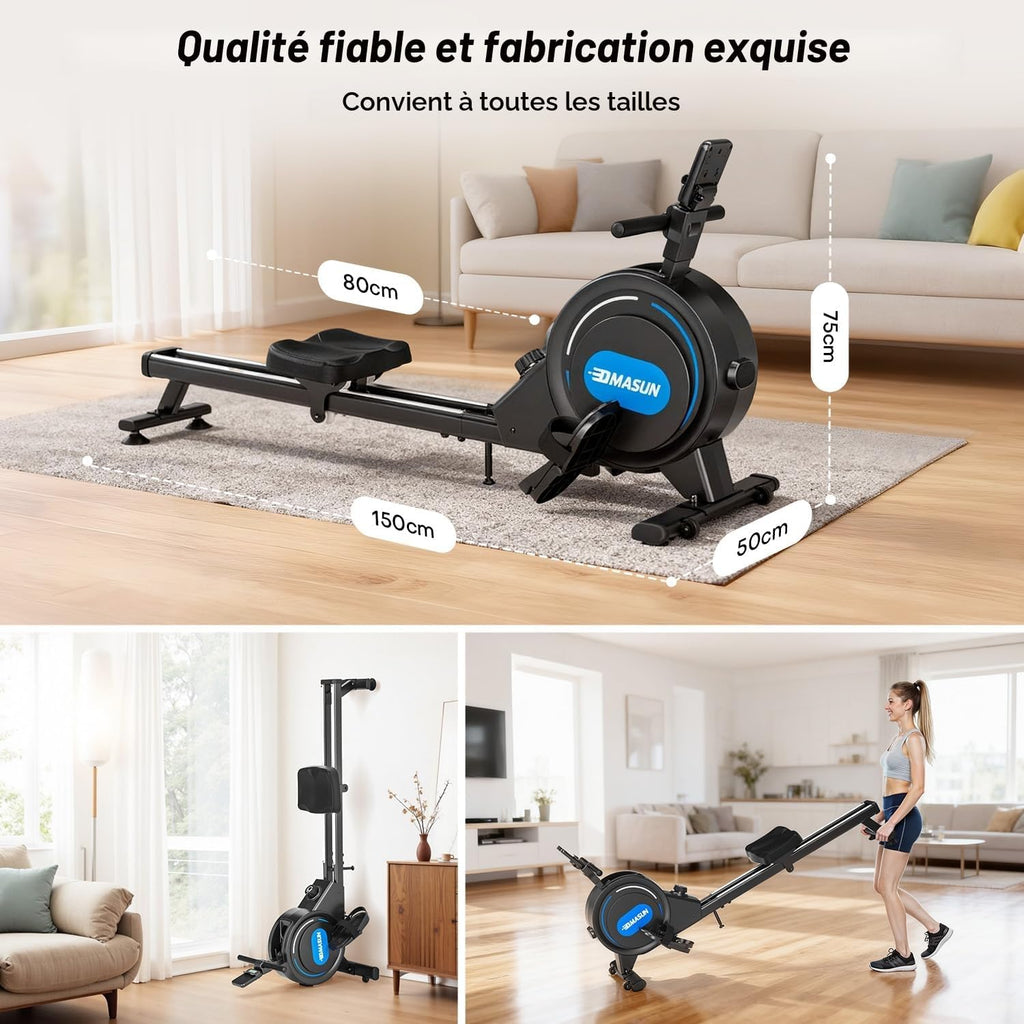 Rameur magnétique d’appartement DMASUN 16 niveaux double rail écran LED Bluetooth rangement vertical charge 160 kg