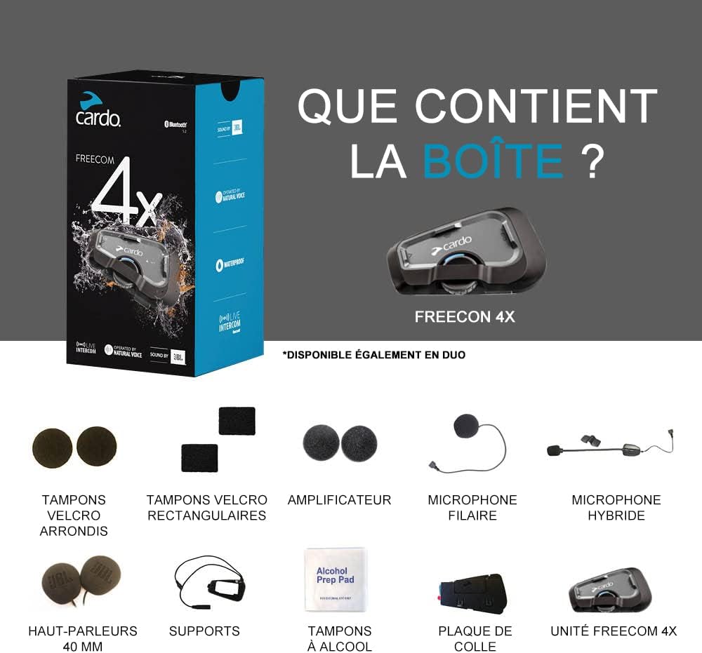 Intercom moto FREECOM 4X Bluetooth 1 unité 40 mm portée 1,2 km étanche commande vocale autonomie 13 h noir