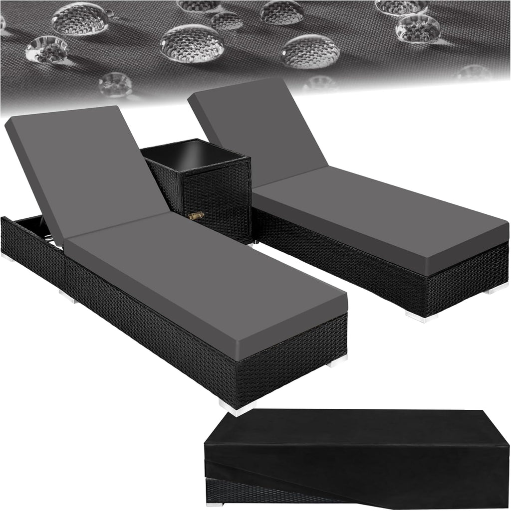 Lot de 2 chaises longues réglables en résine tressée avec table housses et protection noir marron