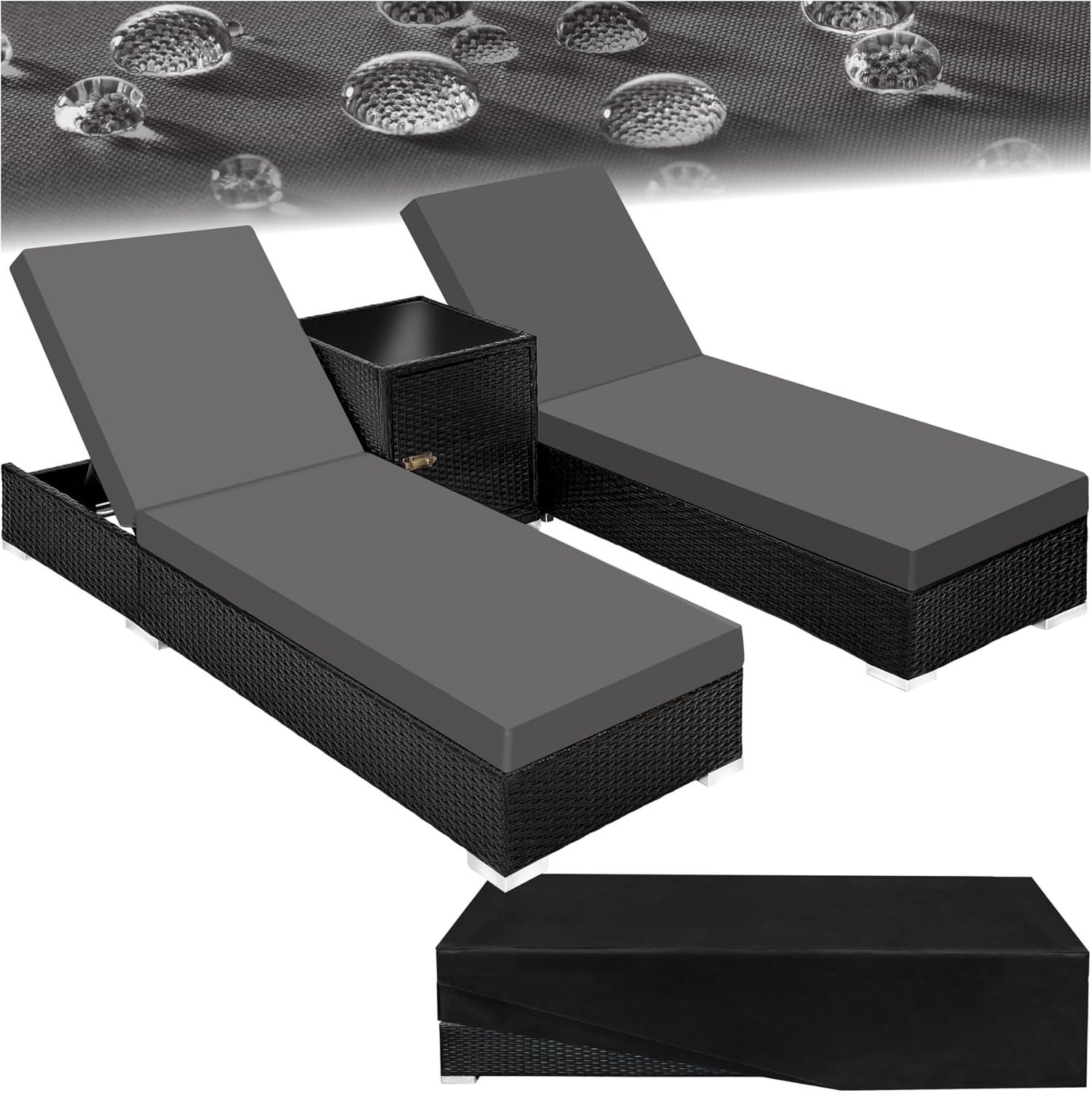 Lot de 2 chaises longues réglables en résine tressée avec table housses et protection noir marron