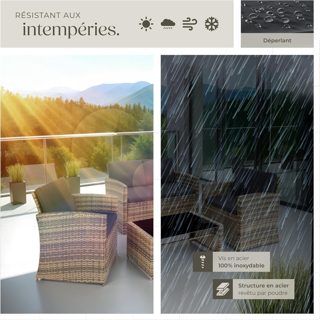Salon de jardin résine 4 places canapé 2 fauteuils table plateau verre coussins inclus 122 x 70 x 76 cm marron gris