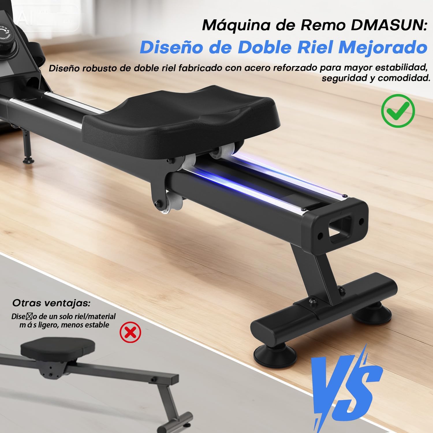 Rameur magnétique d’appartement DMASUN 16 niveaux double rail écran LED Bluetooth rangement vertical charge 160 kg