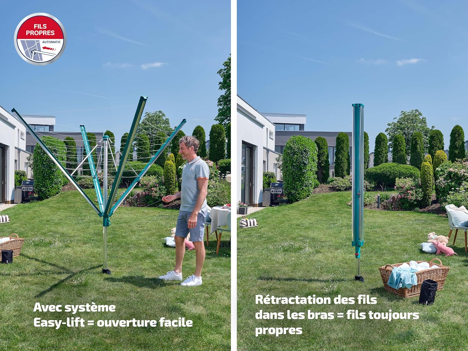 Séchoir parapluie Linomatic 600 Deluxe Cover 60 m étendoir rotatif aluminium Easy-Lift douille fixation housse gris vert